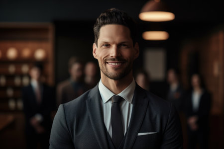 Portrait of handsome young businessman smiling at camera while standing in officeの素材