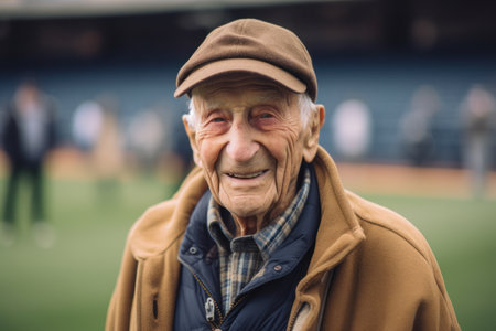 Portrait of an elderly man in baseball cap on the baseball fieldの素材