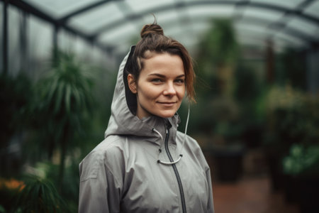 Portrait of a young woman in a raincoat in a greenhouse.の素材
