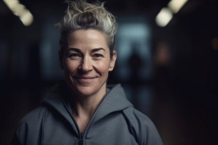 Portrait of a smiling middle-aged woman in a gym.の素材