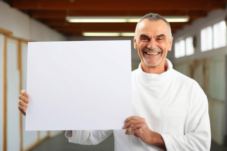Portrait of smiling mature man holding blank sheet of paper at homeの素材