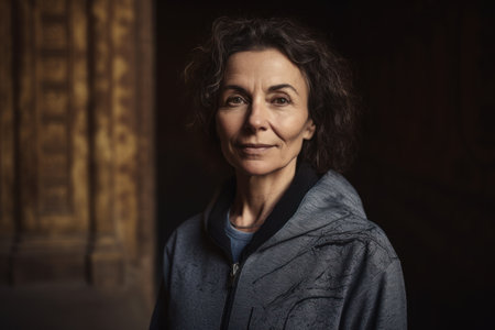 Portrait of a beautiful middle-aged woman in a dark room.の素材