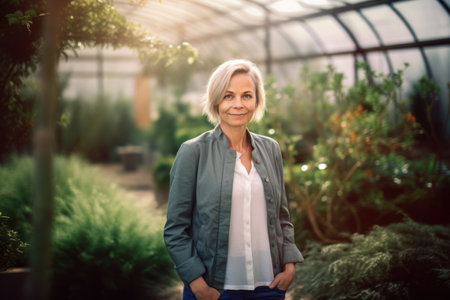 Portrait of a smiling mature woman standing with hands in pockets in greenhouseの素材