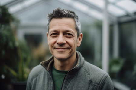 Portrait of a handsome middle-aged man in a greenhouse.の素材