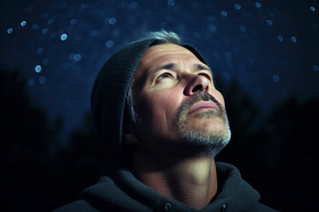 Portrait of a man looking up at night with stars in the backgroundの素材