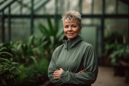 Portrait of a smiling senior woman standing with arms crossed in a greenhouseの素材
