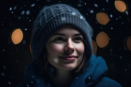 Portrait of a young woman in winter clothes on the background of the night cityの素材