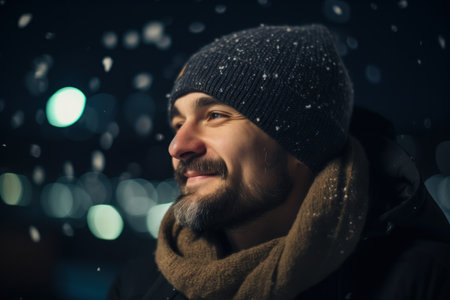 Portrait of a bearded man in a hat and scarf on a winter nightの素材