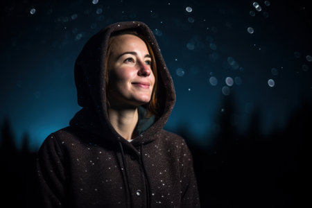 Young woman in the forest at night with snowflakes on her faceの素材