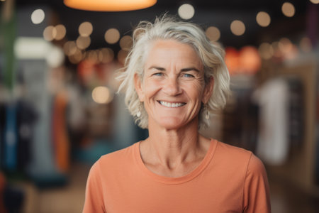 Portrait of smiling senior woman standing against blurred background in shopping mallの素材