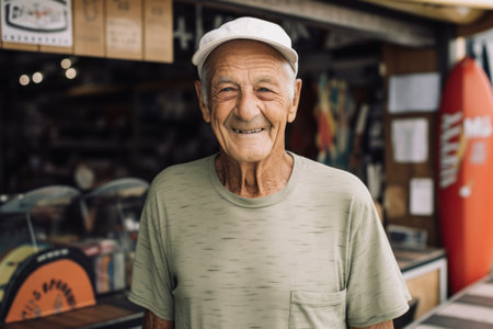 Portrait of a smiling senior man in a cap and t-shirt standing in the cafeの素材