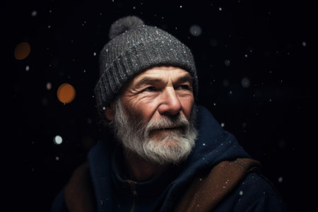 Portrait of a senior man with a gray beard on a dark background in winter.の素材
