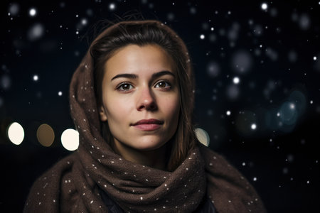Portrait of a young woman in a scarf on a background of night cityの素材