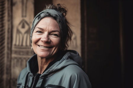 Portrait of a smiling middle-aged woman in a turbanの素材