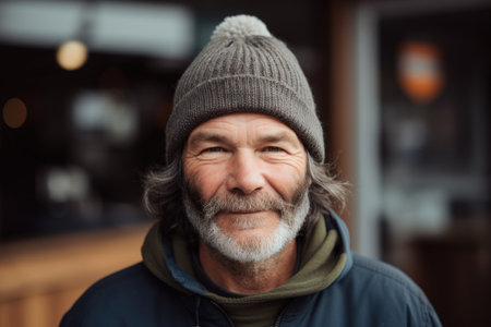 Portrait of senior man with gray beard wearing hat and jacket outdoorsの素材