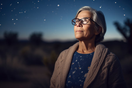 Portrait of a beautiful senior woman with glasses in the desert.の素材