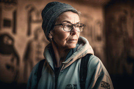 Portrait of an elderly woman in a hat with a backpack and glassesの素材