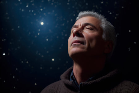 Portrait of a senior man against starry sky and moon backgroundの素材
