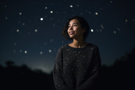 Portrait of a beautiful young woman in front of the night sky.の素材