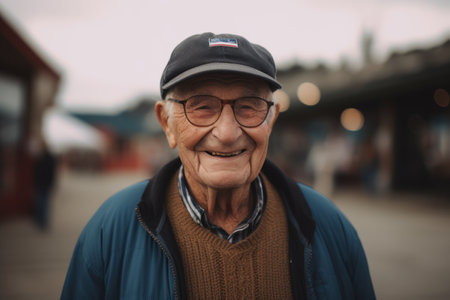 Portrait of an old man with a cap and glasses in a train stationの素材