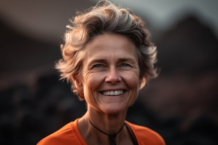 Portrait of a smiling senior woman looking at the camera in the countrysideの素材