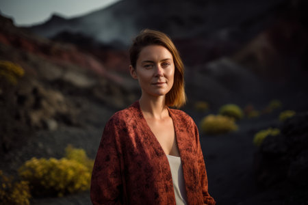 Portrait of beautiful young woman in red dress on background of volcanic landscapeの素材
