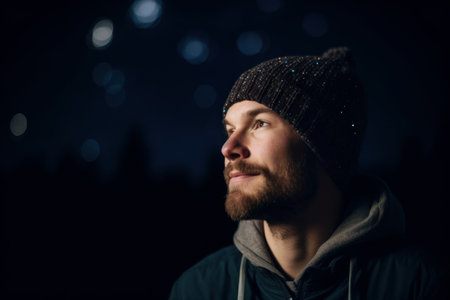 Portrait of a bearded man in a hat and jacket on a background of night cityの素材