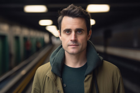 Portrait of a young man in a subway station, looking at the cameraの素材