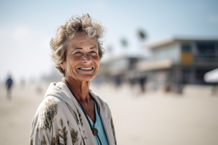 Portrait of smiling senior woman standing on beach at the seasideの素材