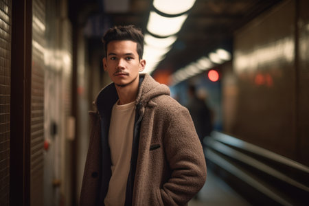 young handsome asian man in metro train station, lifestyle people conceptの素材