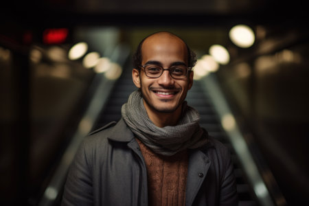 Portrait of a smiling young man in a gray coat and scarf standing on an escalatorの素材