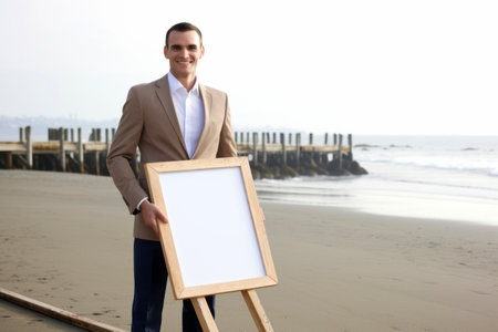 Businessman standing on the beach holding a blank board with copy spaceの素材