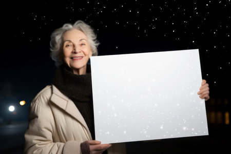 smiling senior woman with blank white sheet of paper on night city streetの素材