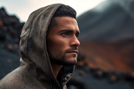Portrait of a young man with a hood on his head in the mountainsの素材
