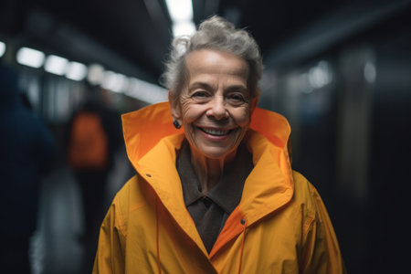 portrait of smiling senior woman in raincoat and raincoat in subwayの素材
