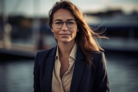 Portrait of a young businesswoman wearing glasses and a suit on the background of the river.の素材