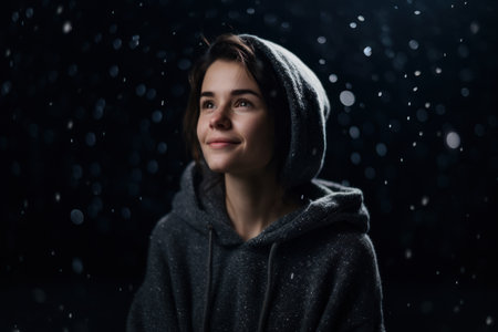 Young beautiful woman in hoodie on black background with falling snow.の素材