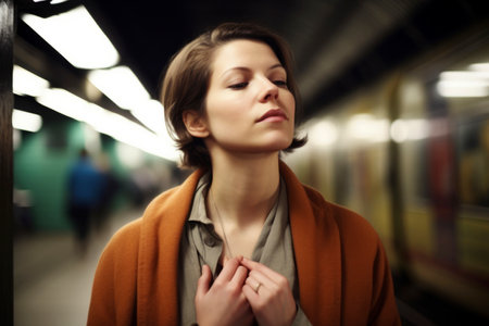 Beautiful young woman waiting for the train in the subway station.の素材