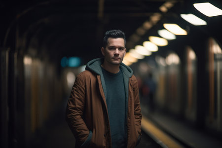 Portrait of a handsome young man standing in a subway station.の素材