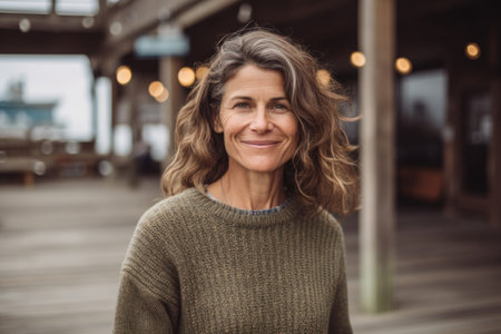 Portrait of smiling mature woman standing on pier during autumn dayの素材