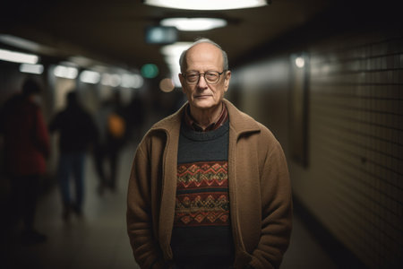 Portrait of a senior man with glasses in a subway tunnel.の素材