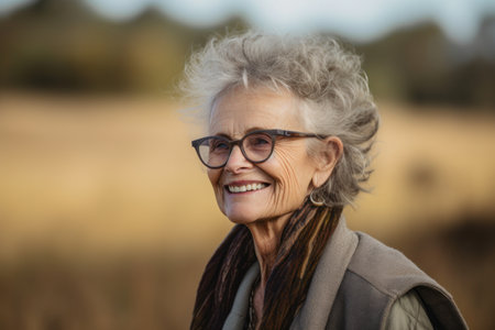 Portrait of a smiling senior woman with glasses standing outdoors in autumnの素材