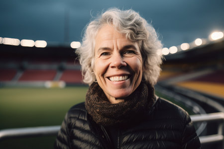 portrait of smiling senior woman in scarf and leather jacket on football stadiumの素材