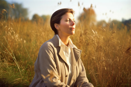 Young woman sitting in a wheat field with eyes closed and eyes closedの素材