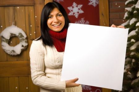 Young woman holding a blank sheet of paper on the background of a Christmas treeの素材