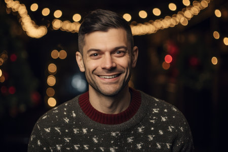 Portrait of a handsome young man in a sweater on a background of Christmas lights.の素材