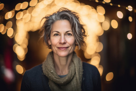 Portrait of a smiling middle-aged woman with Christmas lights in the backgroundの素材