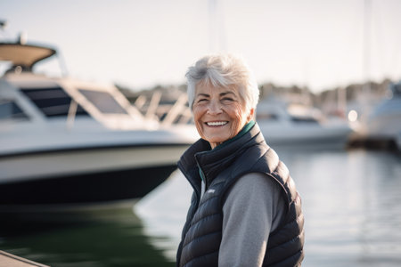 Portrait of smiling senior woman standing near yachts in marinaの素材