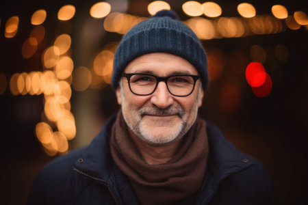 Portrait of a senior man in a hat and glasses on a background of Christmas lightsの素材