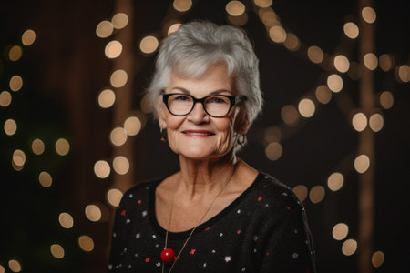 Portrait of smiling senior woman with eyeglasses against christmas lightsの素材